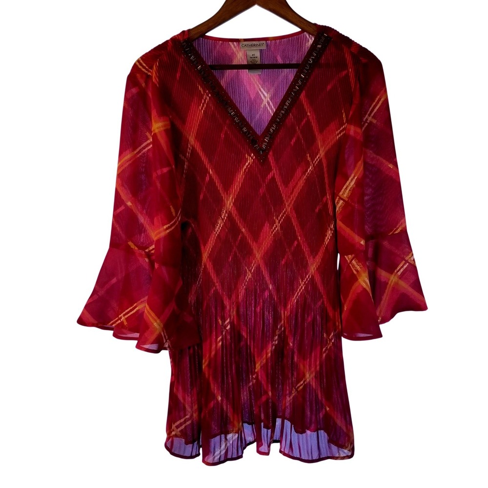 Catherines Red Plaid Beaded V-Neck Pleated Tunic‎ Top Plus Size 0X 14/16W - Picture 2 of 12